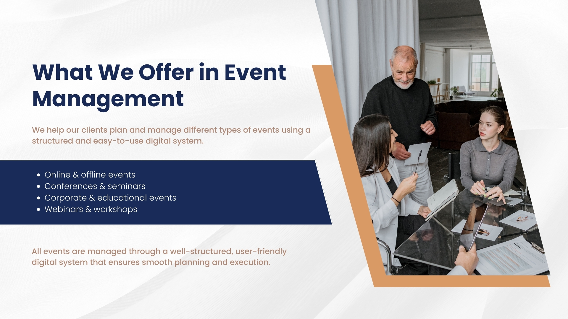 Custom event management system for global events